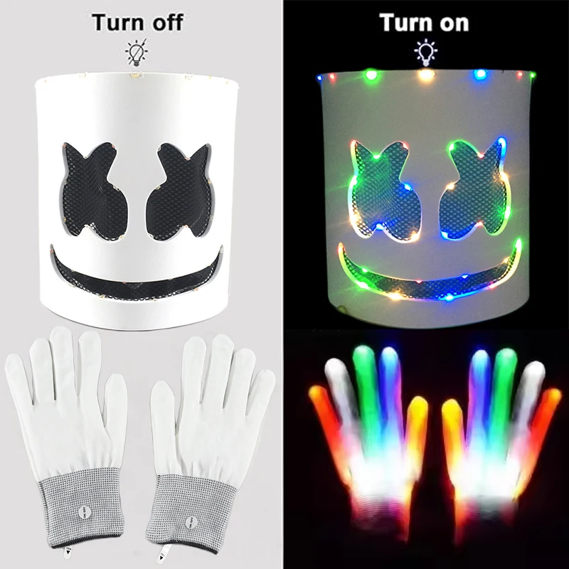 Led leuchtende Maske und Handschuhe DJ Marshmello Kopfhelm leuchten Cosplay Kopfbedeckung für Männer Frauen Musik Festival Purim Requisiten Image