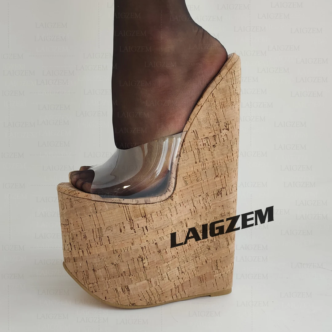 LAIGZEM Frauen Sandalen Klar 10 CM Plattform Keile 25 CM Slip On Pumps PVC Steile High Heels Damen Schuhe Frau große Größe 36 42 46 48