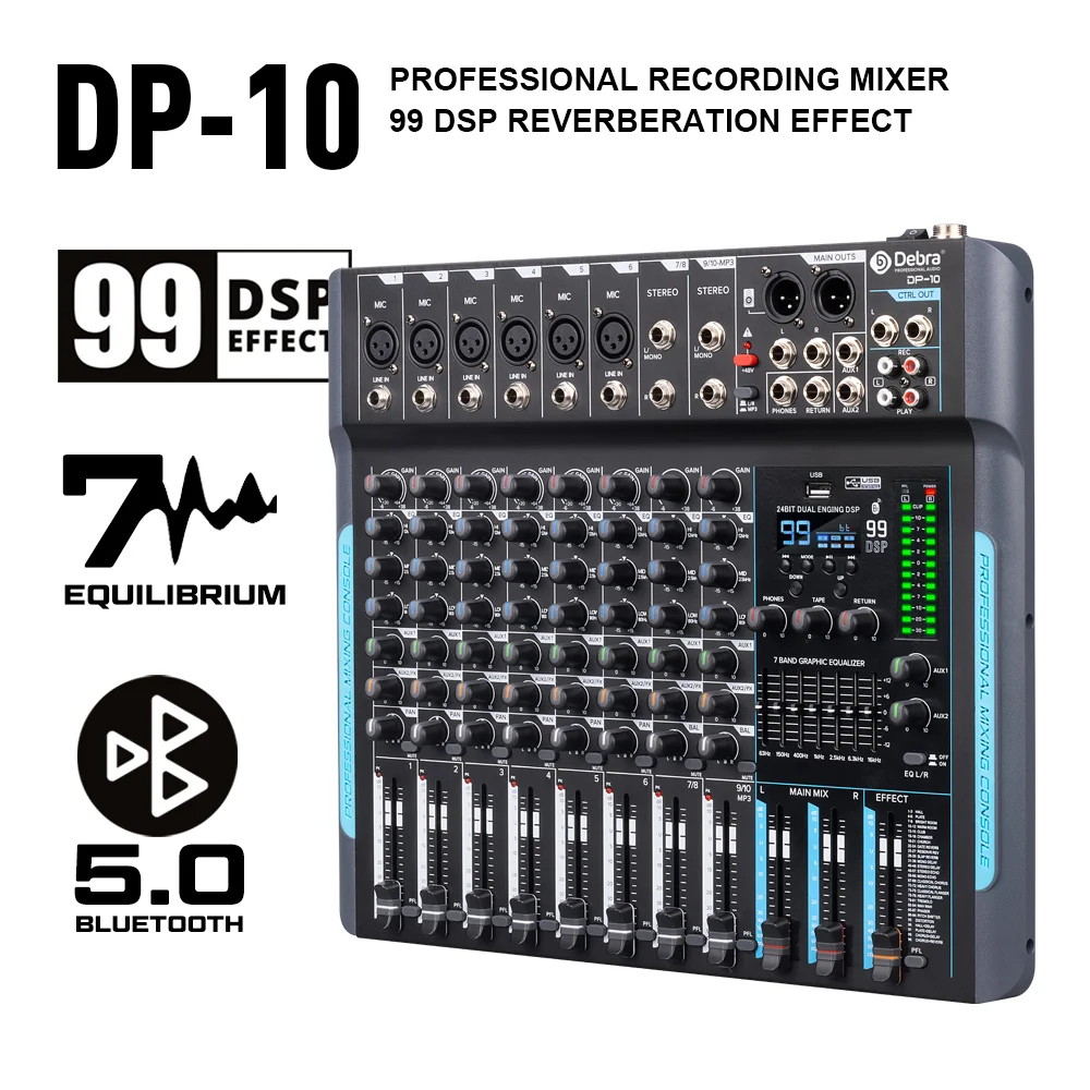 Debra 10 Kanäle 99 DSP Audio Mixer DJ Controller Reverb Aufnahme Mischen mit Bluetooth 5.0 Professionelle Leistung Image