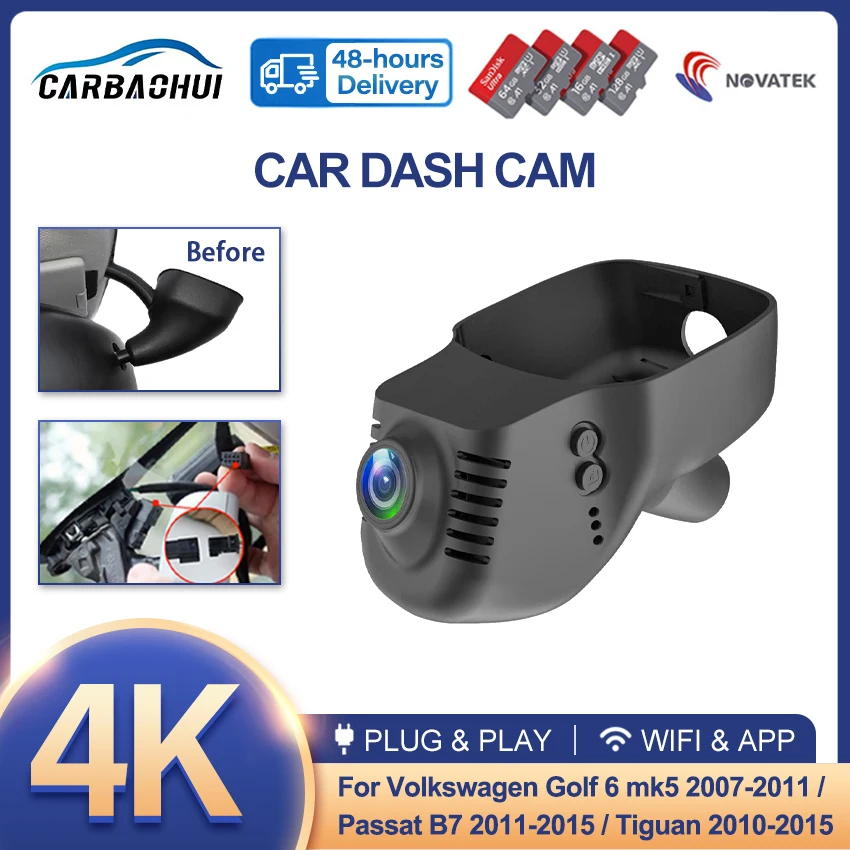 4K 2160P Auto Dash Cam Für Volkswagen VW Passat B7 2011-2015/Golf 6 mk5 2007-2011/Tiguan 2010-2015, Auto Dvr Kamera Recorder Image