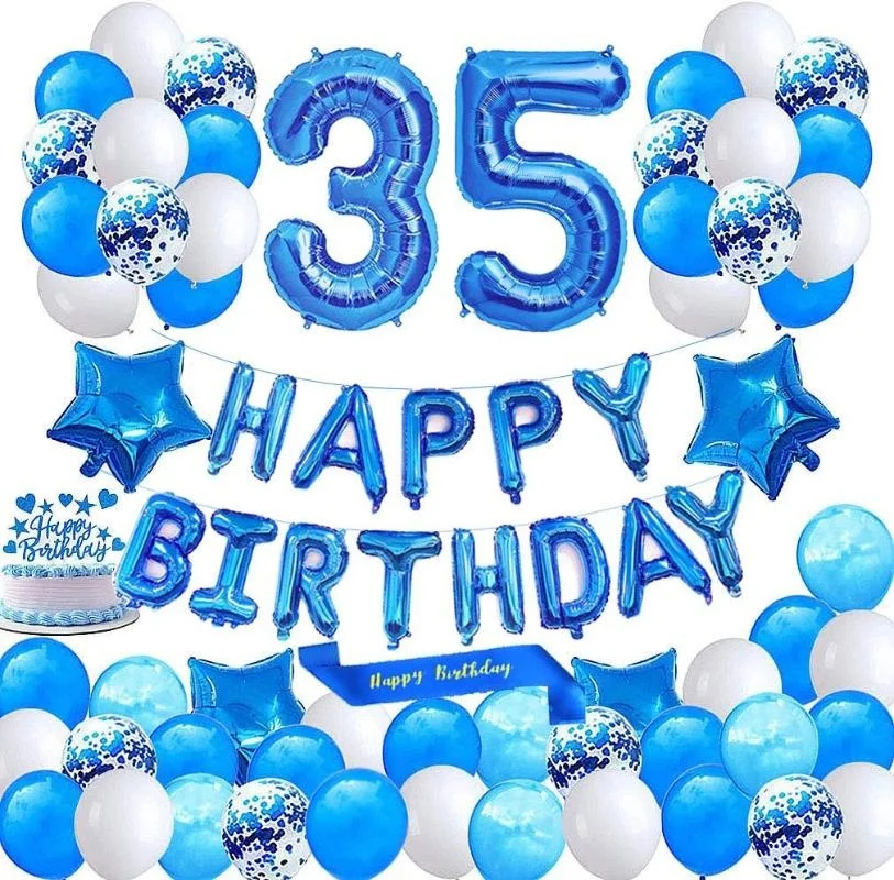 Blaue Dekoration zum 35. Geburtstag, alles Gute zum Geburtstag, Banner, Nummer 35, Luftballons, Schärpe, Tortenaufsatz für die 35-Geburtstagsfeier Image
