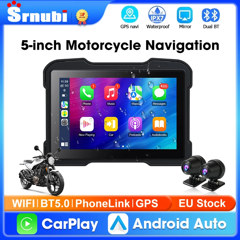 Tragbare 5-Zoll-Motorrad-GPS-Navigation Drahtloses Carplay Android Auto IPX7 Wasserdichtes LCD-Display Moto-Monitor Dual BT5.0