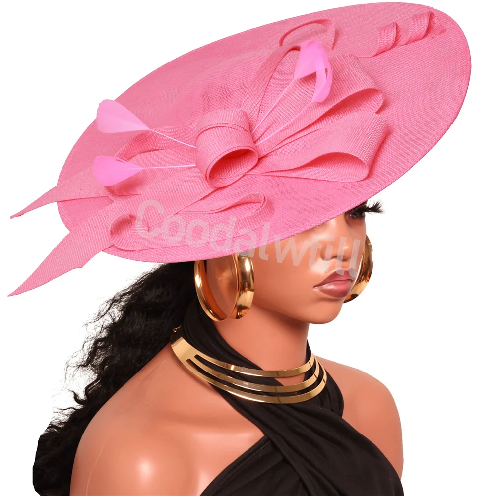 Rosa Derby Big Fascinator Hut Stirnband Braut Große Hochzeit Kopfschmuck Elegante Frauen Kirche Rennen Millinery Cap Cocktail Chapeau