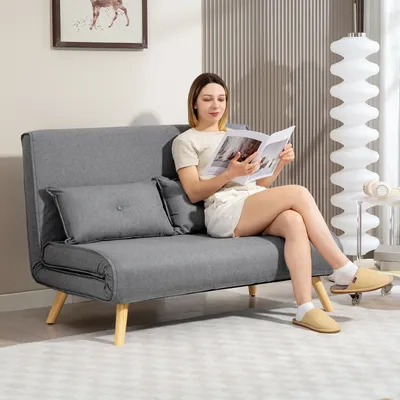 HOMCOM Click Clack Sofa Bed, 2-Seater Bed Settee for Living Room, Grey