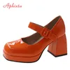 Aphixta 2025 Neue Plattform Karree Pumpen Frauen Schuhe 7 cm Chunky Heels Orange Anti-drop Zuhälter Schnalle Pumpen plus Große Größe 35-45