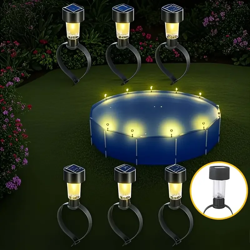 Lot de 1/6 lampes solaires pour piscine, LED chaudes/blanches/rvb avec bandes grises, adaptées aux piscines au sol/cadre métallique | Éclairage extérieur de piscine