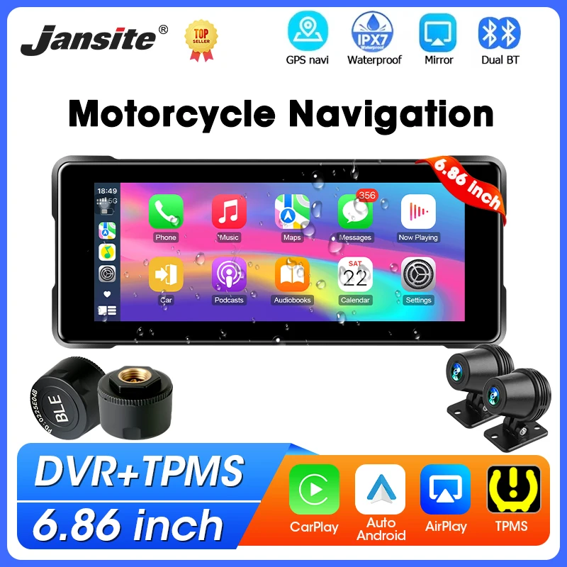 6,86 Zoll Motorrad GPS Navigation Drahtlose Carplay Android Auto IPX7 Wasserdichte Display Dual Bluetooth Unterstützung DVR + TPMS Image
