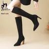 Frauen Winter Schuhe 6CM 8CM Dicke High Heels Kniehohe Wildleder Stiefel Mode Spitz Herbst Lange Stiefel für Damen Größe 34-40