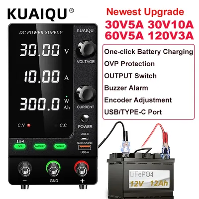 KUAIQU Neuestes Batterieladegerät, einstellbares Gleichstromnetzteil 30 V, 10 A, 60 V, 120 V, 3 A OCP, Encoder-Knopf, voreingestellter Stromausgang, USB-C/A Image