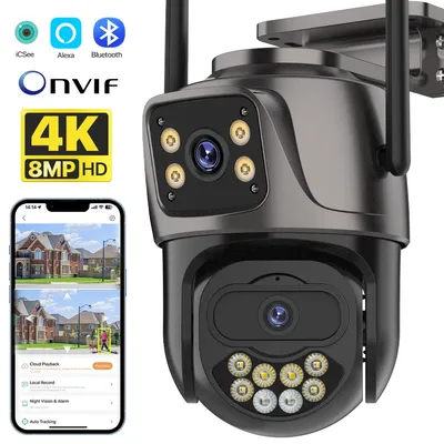 4K 8MP WIFI IP Kamera Outdoor Dual Objektiv Sicherheit Kamera 4MP Ai Menschlichen Erkennung Sicherheit Schutz Wasserdichte Kamera PTZ iCsee