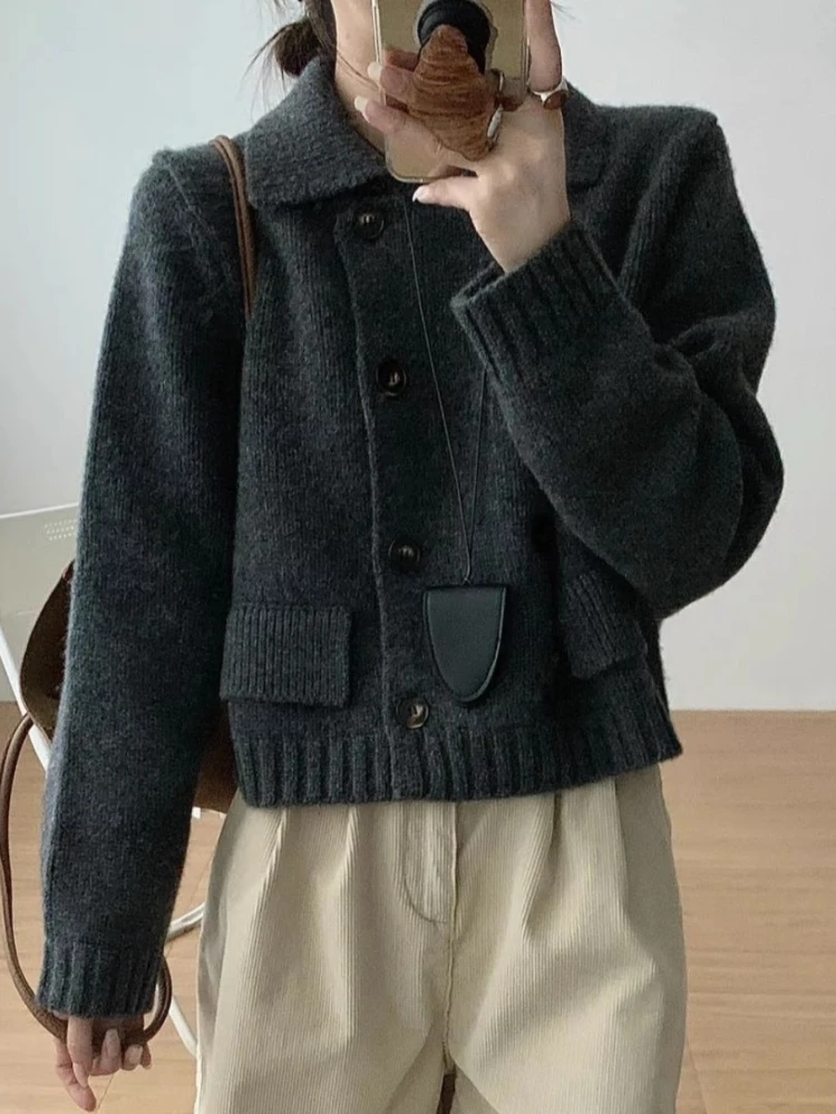 Frauen Herbst Winter Neue Stil Koreanische Oberbekleidung Langarm Warme Pullover Zweireihige Taste Einfarbig Turndown Kragen Strickjacke Image