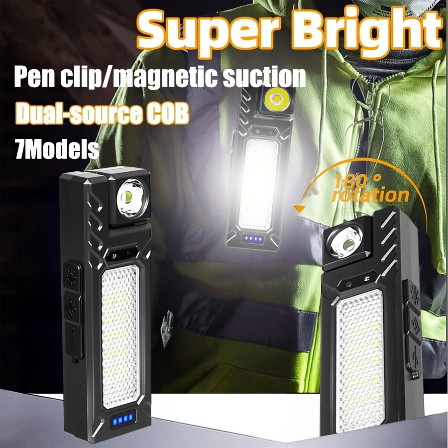 Neue tragbare COB LED Taschenlampe USB wiederaufladbare Arbeitsleuchte magnetische Lanterna Stift Clip Lampe mit eingebauter Batterie Camping Taschenlampe