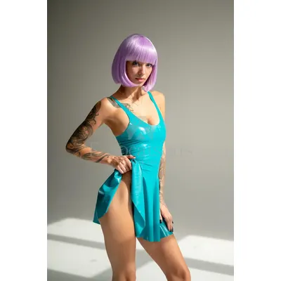 Türkisfarbenes Latexkleid, Outfit, Latexkostüm, Body, Minirock, Cosplay-Kleid, Gummi-Kostüm für Frauen Image