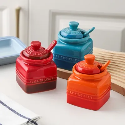 Le Creuset Cerc Seasoning Jar Set with Spoon Home Use Honey Pot Flavoring Salt aker Kitchen Storage Container Square ape