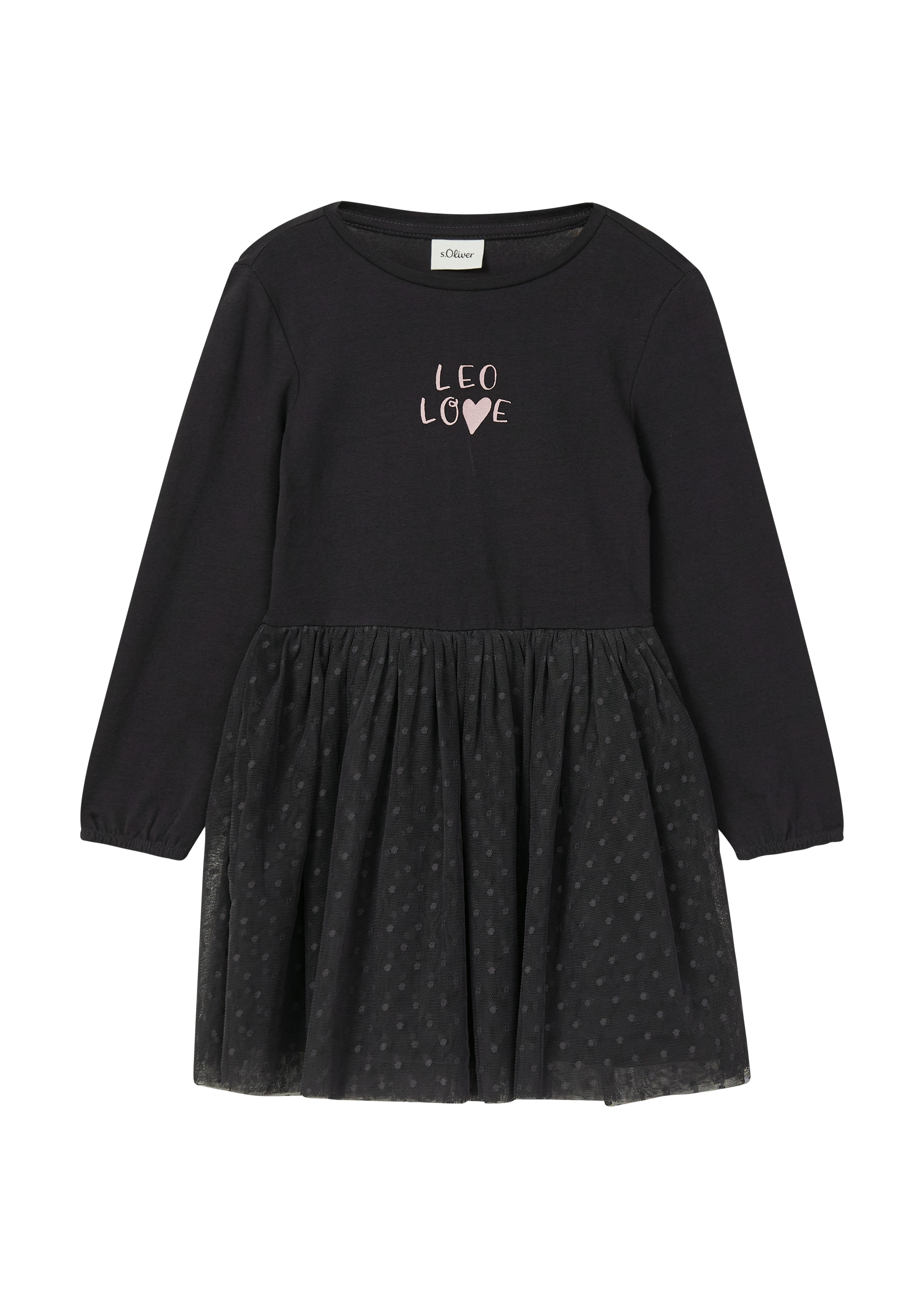 Minikleid S.OLIVER JUNIOR, Mädchen, Gr. 110, N-Gr, schwarz, Web, Obermaterial: 95% Baumwolle, 5% Elasthan, bedruckt, gepunktet, kurz, Rundhals, elastischer Bund, Kleider, mit Mesh-Rock, Fit and Flare Image