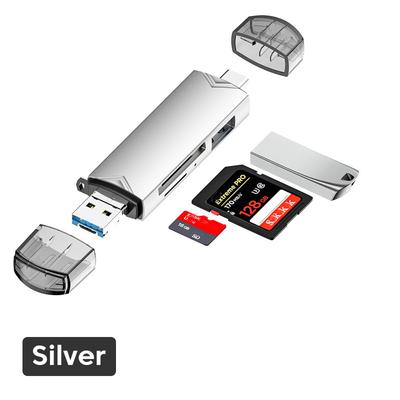 Multifunctional 6 In 1 USB To Type C Micro USB OTG Card Reader, Universal SD TF Adapter High Speed Transfer For Phone 6 In1 Card Silver