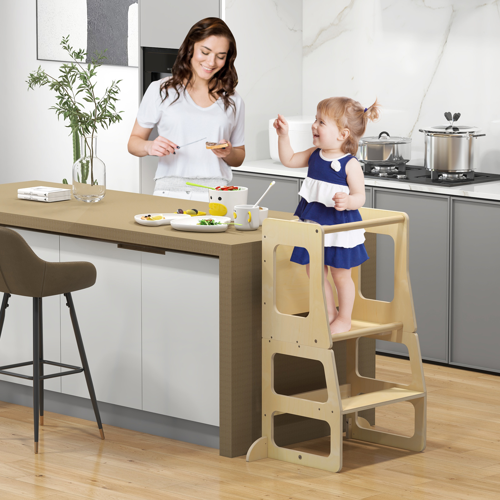 3 in 1 Foldable Kitchen Standing Tower For Toddlers With Chalkboard, Natural Wood Step Stool & Weaning Table 3 in 1 Foldable Kitchen Standing Tower For Toddlers With Chalkboard, Natural Wood Step Stool & Weaning Table