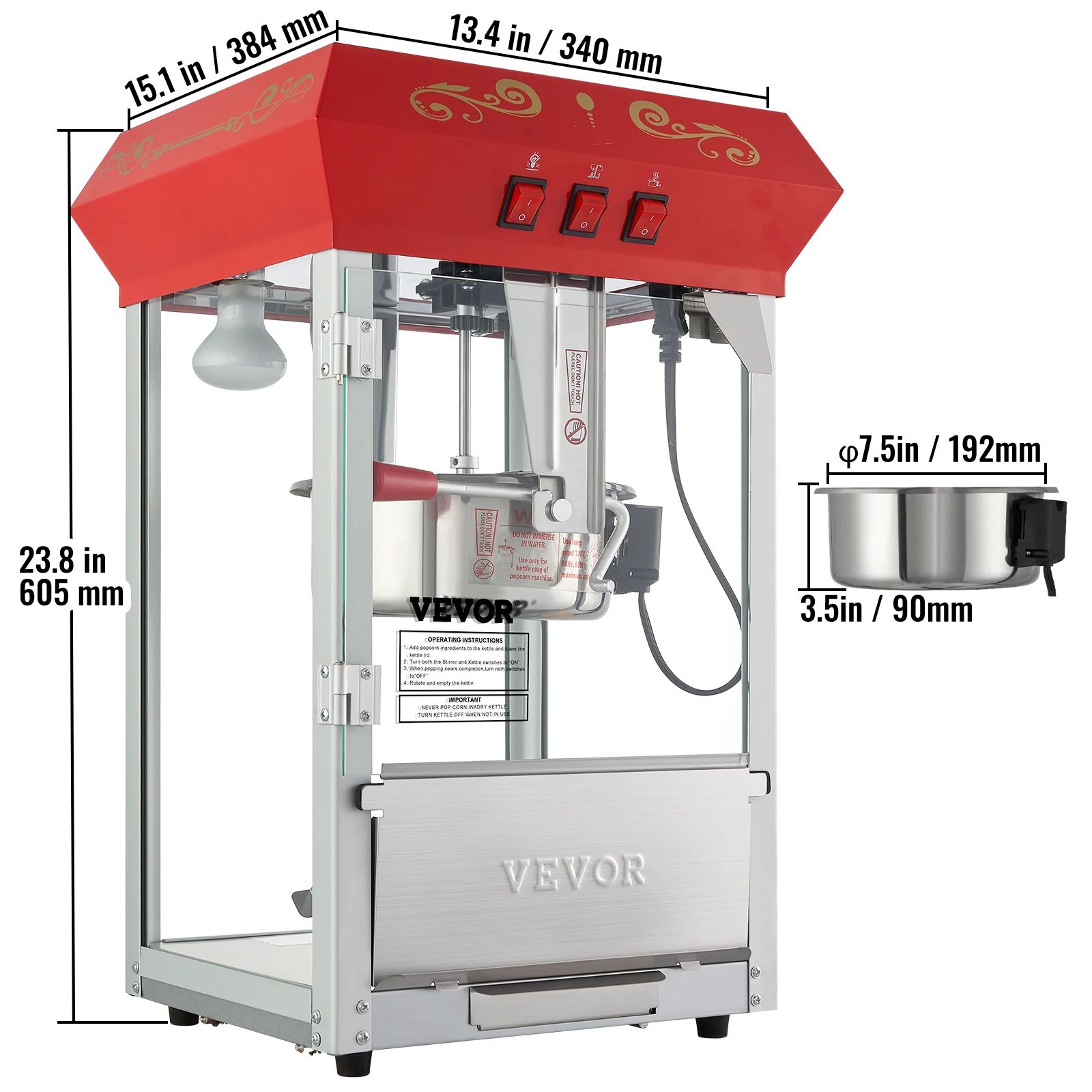 Electric Popcorn Maker Commercial Popper Machine, Automatic Corn Cookware With Scoop, Spoon & Heating Tube 8 Oz Countertop