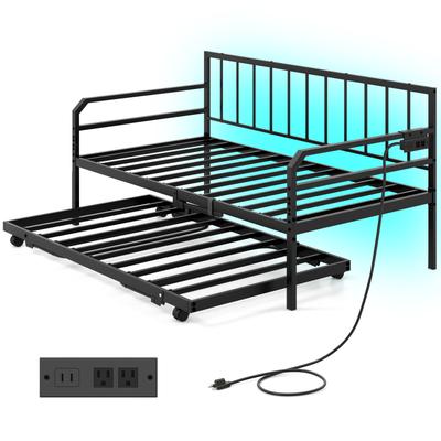 Adjustable Metal Twin Size Daybed With Charging Station And LED Light, Convertible Sofa Bed With Trundle For Bedroom Adjustable Metal Twin Size Daybed With Charging Station And LED Light, Convertible Sofa Bed With Trundle For Bedroom