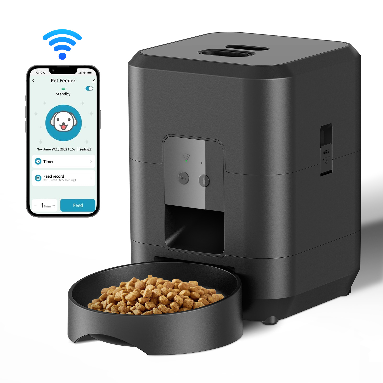 Automatic Smart Pet Feeder For Cats & Dogs, Timed Food Dispenser With Slow Feed Bowl, Programmable Pet Feeder black Wifi Feeder