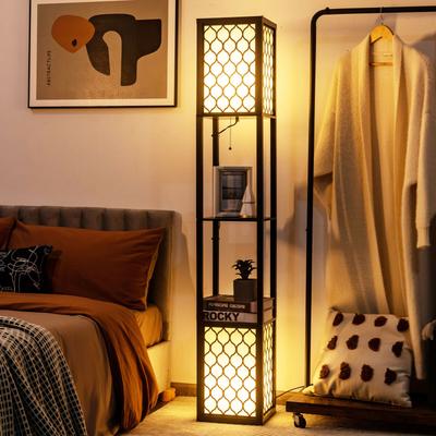 Modern Shelf Freestanding Floor Lamp With Double Lamp, Pull Chain & Foot Switch, 2 Tier Storage Shelves Modern Shelf Freestanding Floor Lamp With Double Lamp, Pull Chain & Foot Switch, 2 Tier Storage Shelves