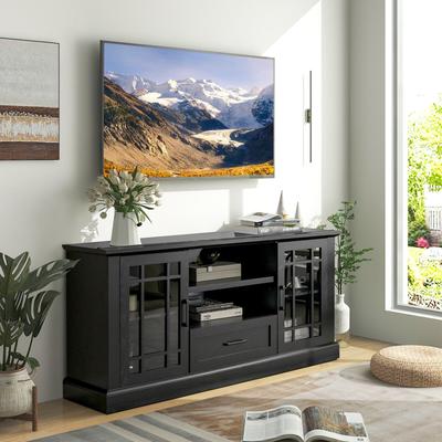 TV Stand For TVs Up To 70" With Glass Doors, Cubbies & Drawer, Modern Farmhouse Storage Cabinet TV Stand For TVs Up To 70" With Glass Doors, Cubbies & Drawer, Modern Farmhouse Storage Cabinet