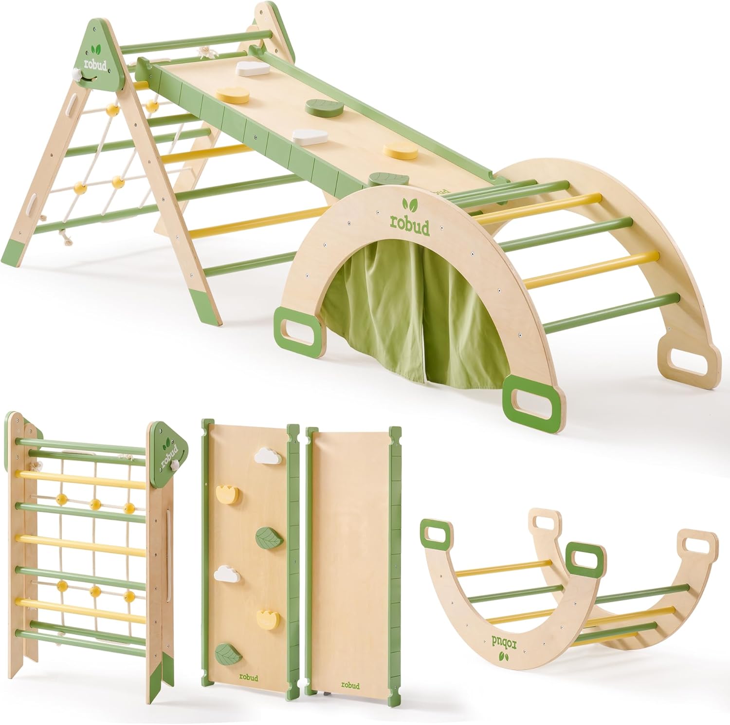 Robotime Robud 7 in 1 Foldable Wooden Climbing Toy Montessori Triangle Set With Slide & Rope Net For Girls & Boys stf002