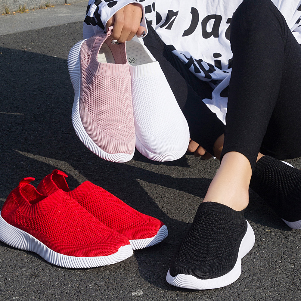 Breathable Spring Women Flat Shoes, Knitted Sock Sneakers, Lightweight Slip On Casual Walking Sneakers For Women red 41