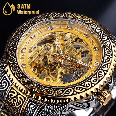 Luxury Men Stainless Steel Automatic Mechanical Wrist Watch Gold Skeleton Dial, Self Winding, Waterproof Business Watch Luxury Men Stainless Steel Automatic Mechanical Wrist Watch Gold Skeleton Dial, Self Winding, Waterproof Business Watch
