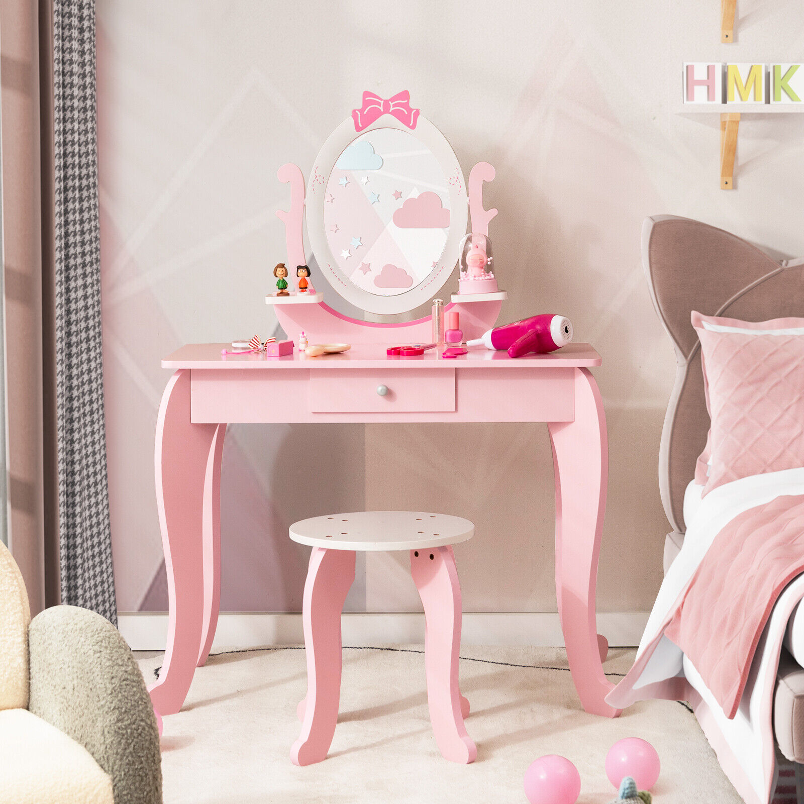 Kids Vanity Set With Oval Rotatable Mirror & Stool, Adjustable Makeup & Study Table For Girls Kids Vanity Set With Oval Rotatable Mirror & Stool, Adjustable Makeup & Study Table For Girls