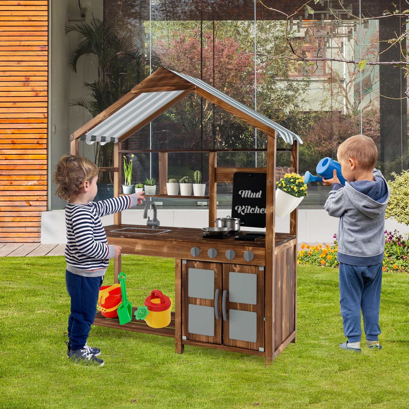 Premium Kid's Mud Kitchen Outdoor Solid Wood Mud Kitchen With Canopy, Toy Cookware For Creative Outdoor Imaginative Play Premium Kid's Mud Kitchen Outdoor Solid Wood Mud Kitchen With Canopy, Toy Cookware For Creative Outdoor Imaginative Play
