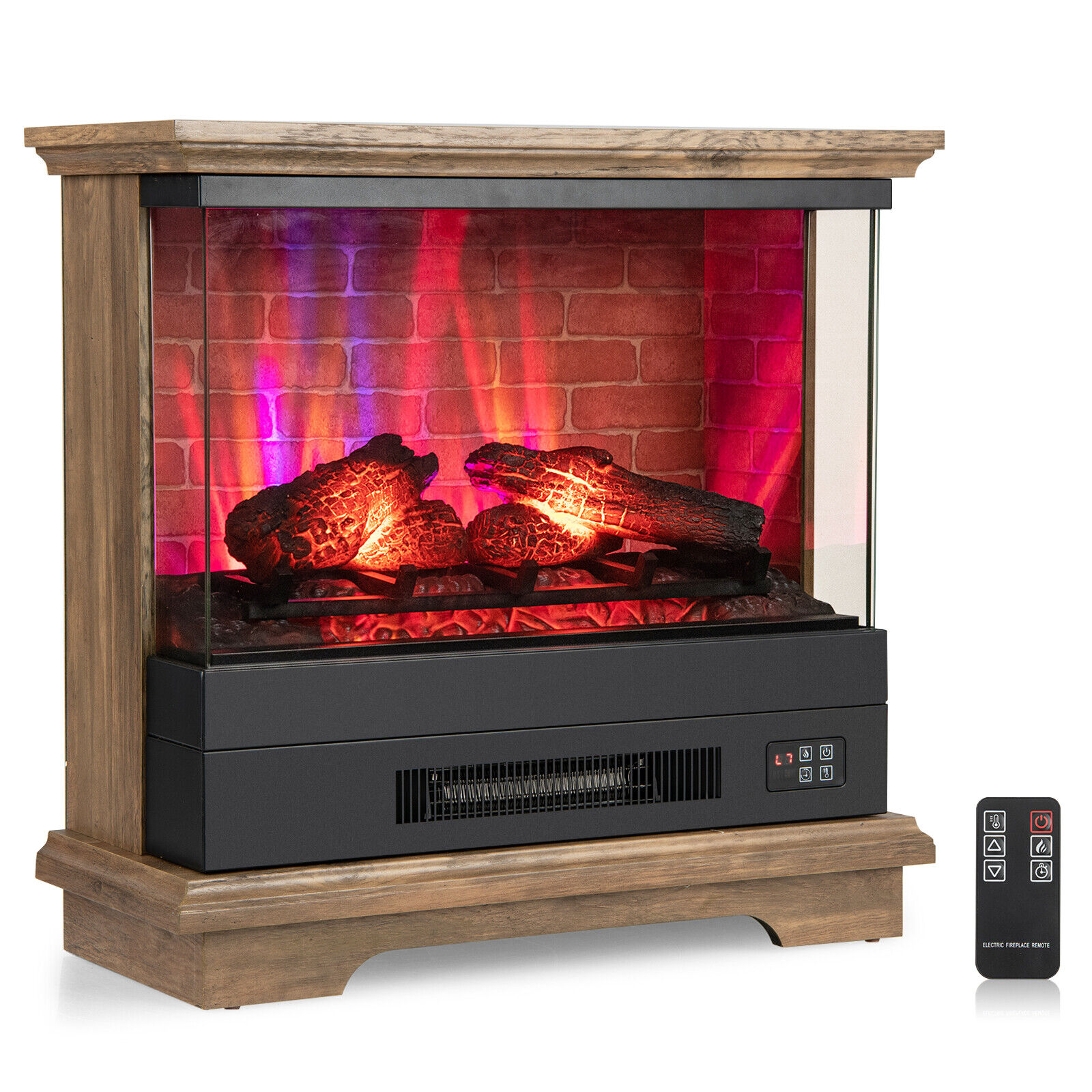 Electric Freestanding Fireplace With Remote, 3 Sided Flame Heater With Timer, Adjustable Thermostat & Wood Like Finish Electric Freestanding Fireplace With Remote, 3 Sided Flame Heater With Timer, Adjustable Thermostat & Wood Like Finish