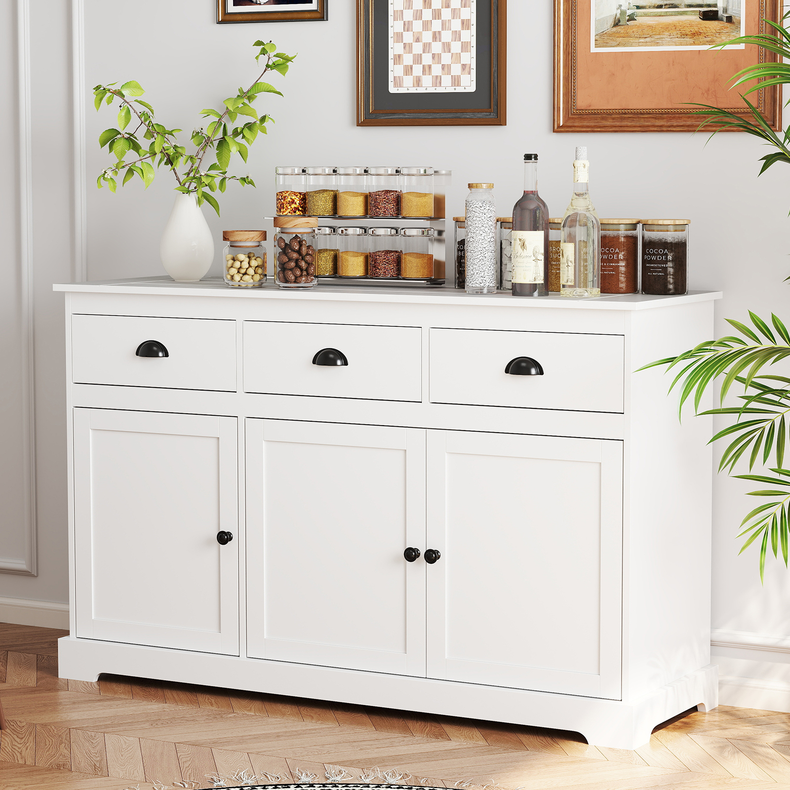 3 Drawers Sideboard Buffet Storage With Adjustable Shelves, Elegant White Kitchen & Dining Organizer 3 Drawers Sideboard Buffet Storage With Adjustable Shelves, Elegant White Kitchen & Dining Organizer