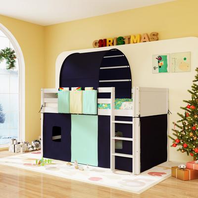 Twin Size Loft Bed Playhouse Bed Frame With Tower Tent & 3 Storage Pockets For Kids, Wooden Bunk With Ladder & Curtains Twin Size Loft Bed Playhouse Bed Frame With Tower Tent & 3 Storage Pockets For Kids, Wooden Bunk With Ladder & Curtains