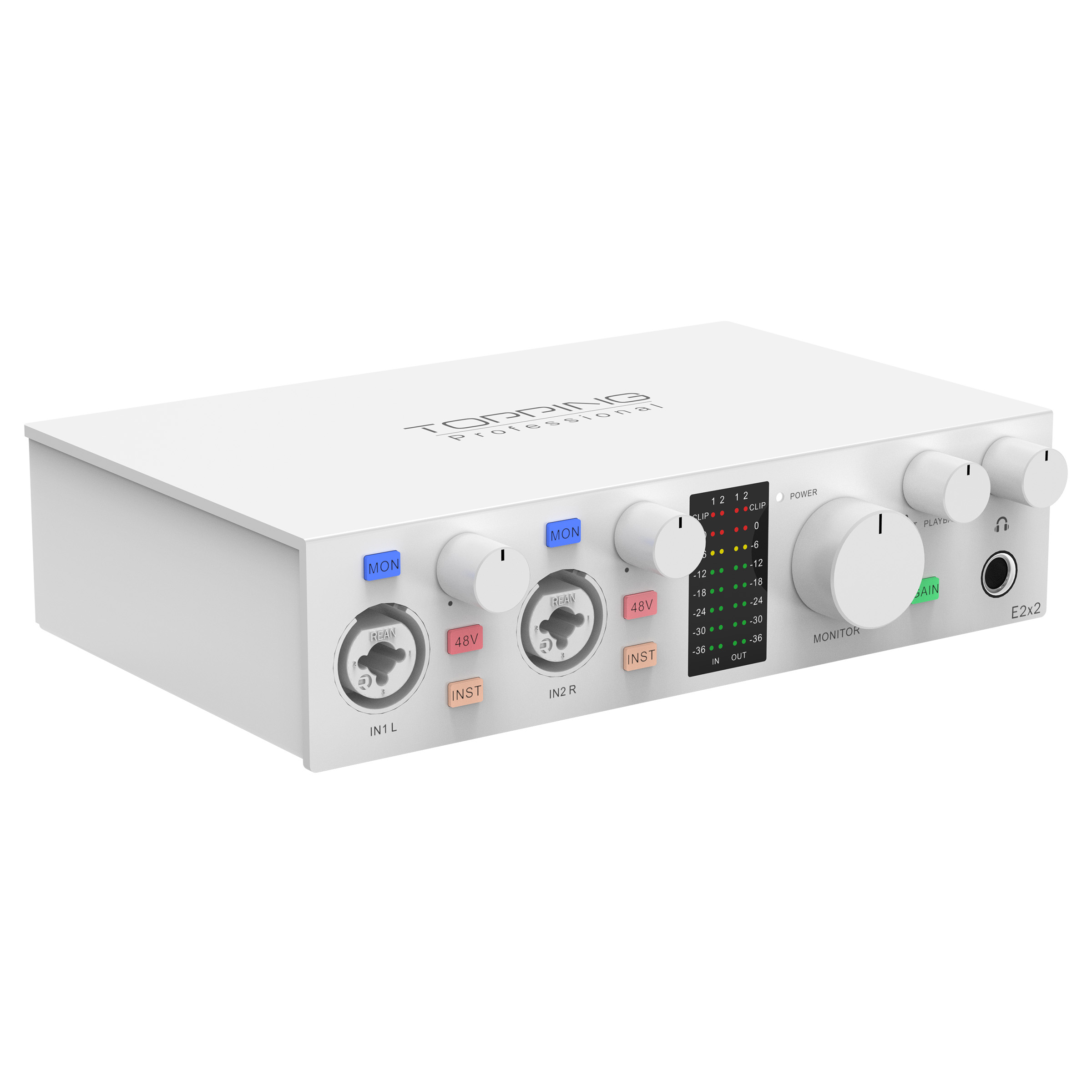 TOPPING E2x2 Professional Audio Interface 2in 2out USB Sound Card For Live Streaming, Recording & Mixing white