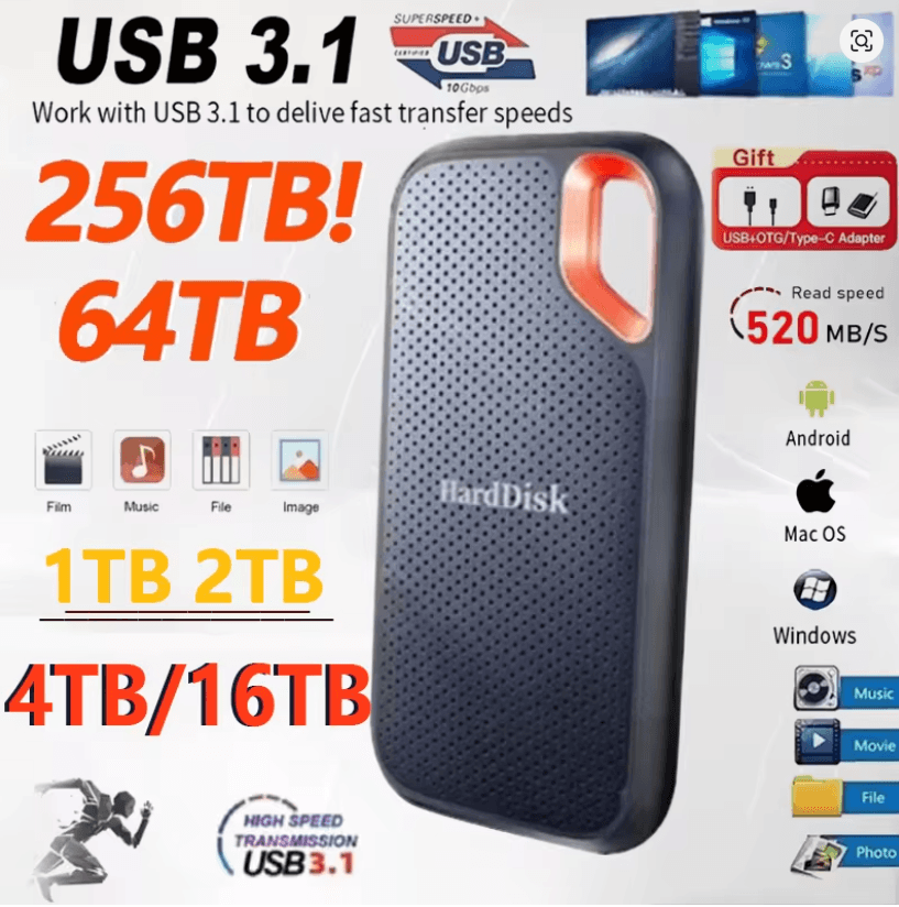 Portable External Hard Drive 1TB 2TB USB C For Laptop And Mac Backup Storage type c