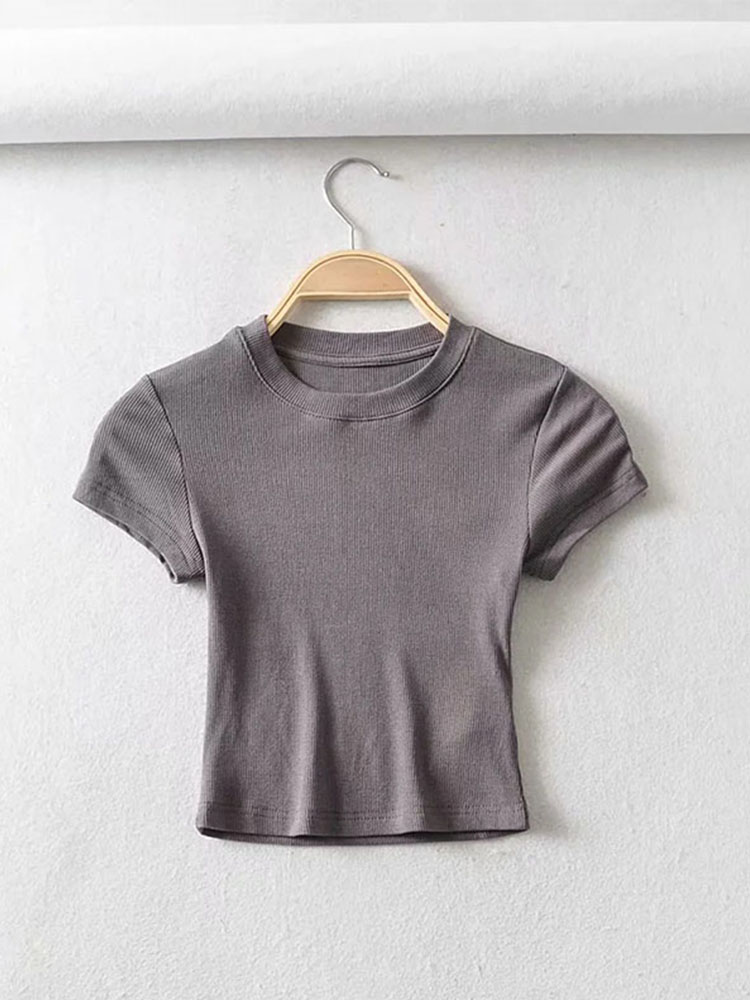 Women's Skinny Fit Crop Tops, Summer Sexy Short Sleeve O Neck Elastic T Shirt For Women gray m