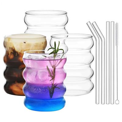 Ribbed Glassware Cups With Straws, Clear Creative Coffee Mugs, Iced Tea, Juice & Cocktail Drinking Glasses For Home Ribbed Glassware Cups With Straws, Clear Creative Coffee Mugs, Iced Tea, Juice & Cocktail Drinking Glasses For Home