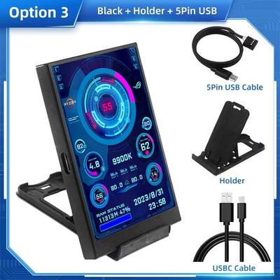 3.5" Type C IPS USB Secondary Display Real Time PC Monitor For CPU, GPU, RAM, And HDD Usage black 5pin Usb