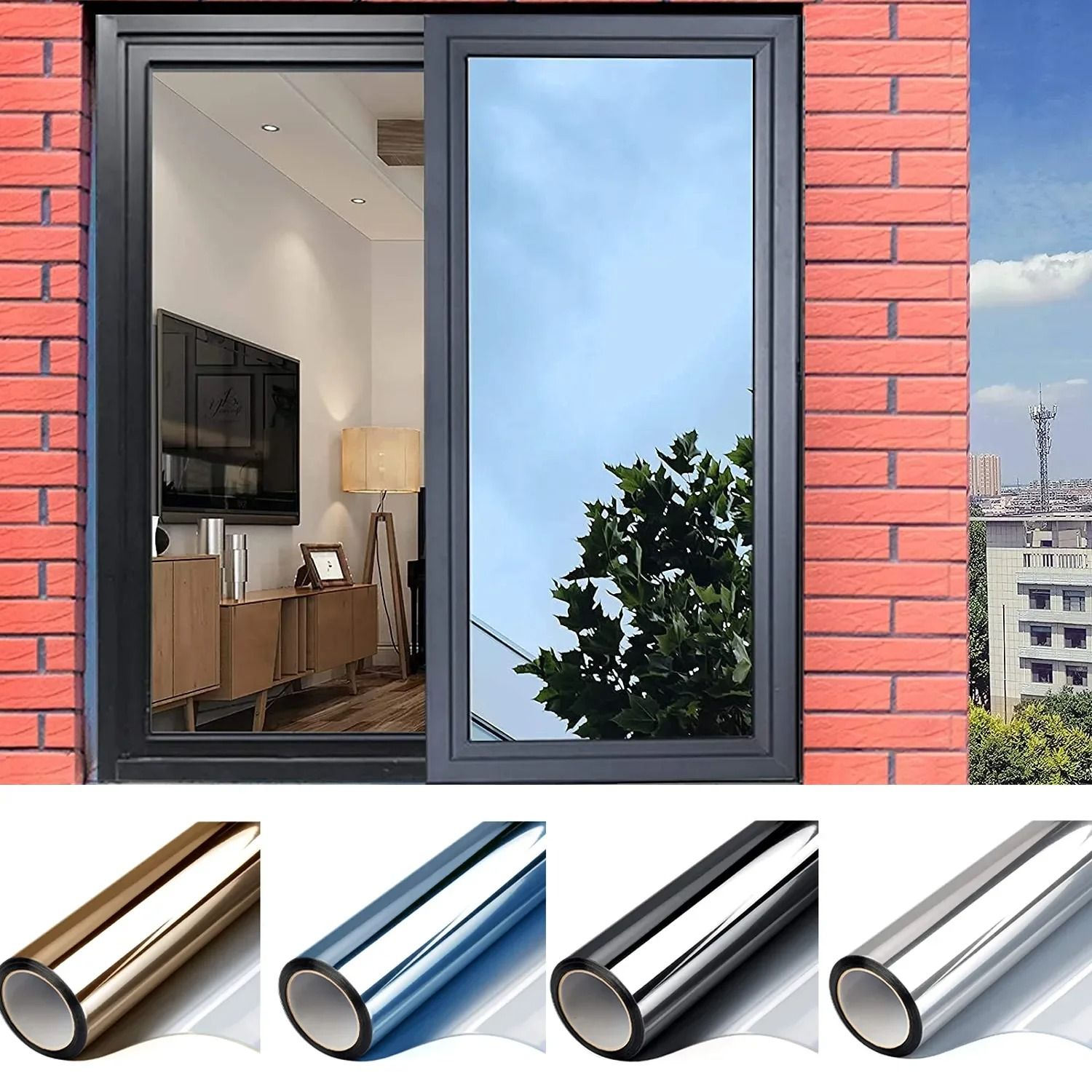 One Way Mirror Window Film Privacy Tint Heat Control Reflective Adhesive Glass Covering 15.7 78.7 In blue silver