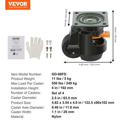 4 Pcs Heavy Duty Swivel Caster Wheels Leveling Casters With Handle, Height Adjustable Feet For Workbench, Machine. 2.5inch