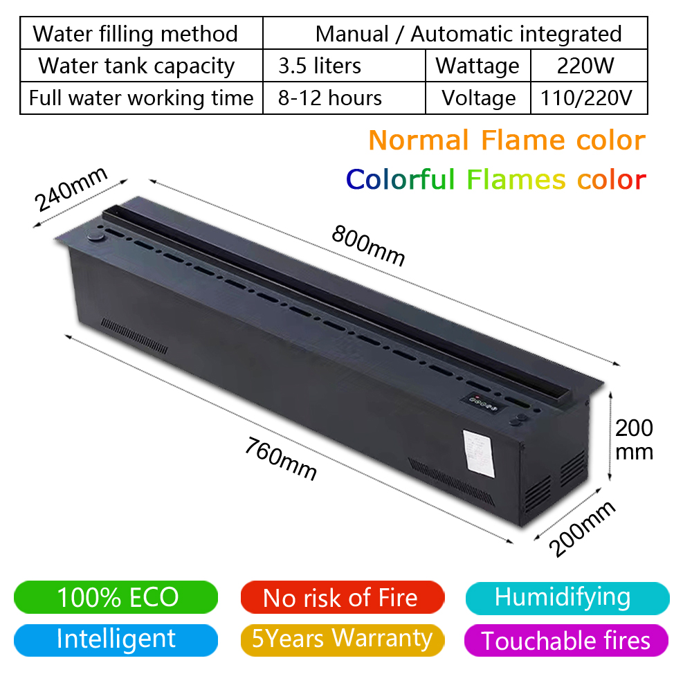 3D Electric Fireplace With Water Steam Humidifier, Smart Home LED Flame & Crackling Sound For Wall TV Decor 800mm 31.50in