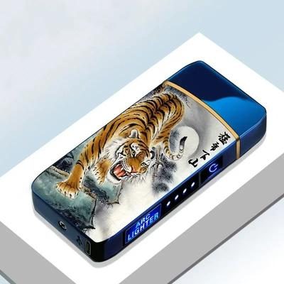 USB Rechargeable Windproof Electric Metal Lighter, Double Arc Flameless Plasma Lighter With Touch Sensor & LED Display tiger Blue