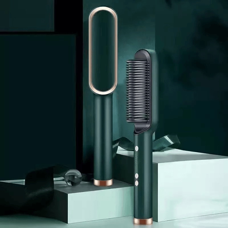 2 in 1 Hair Straightener Brush & Curler Electric Hot Comb With Adjustable Heat Settings For Frizz Free Styling green