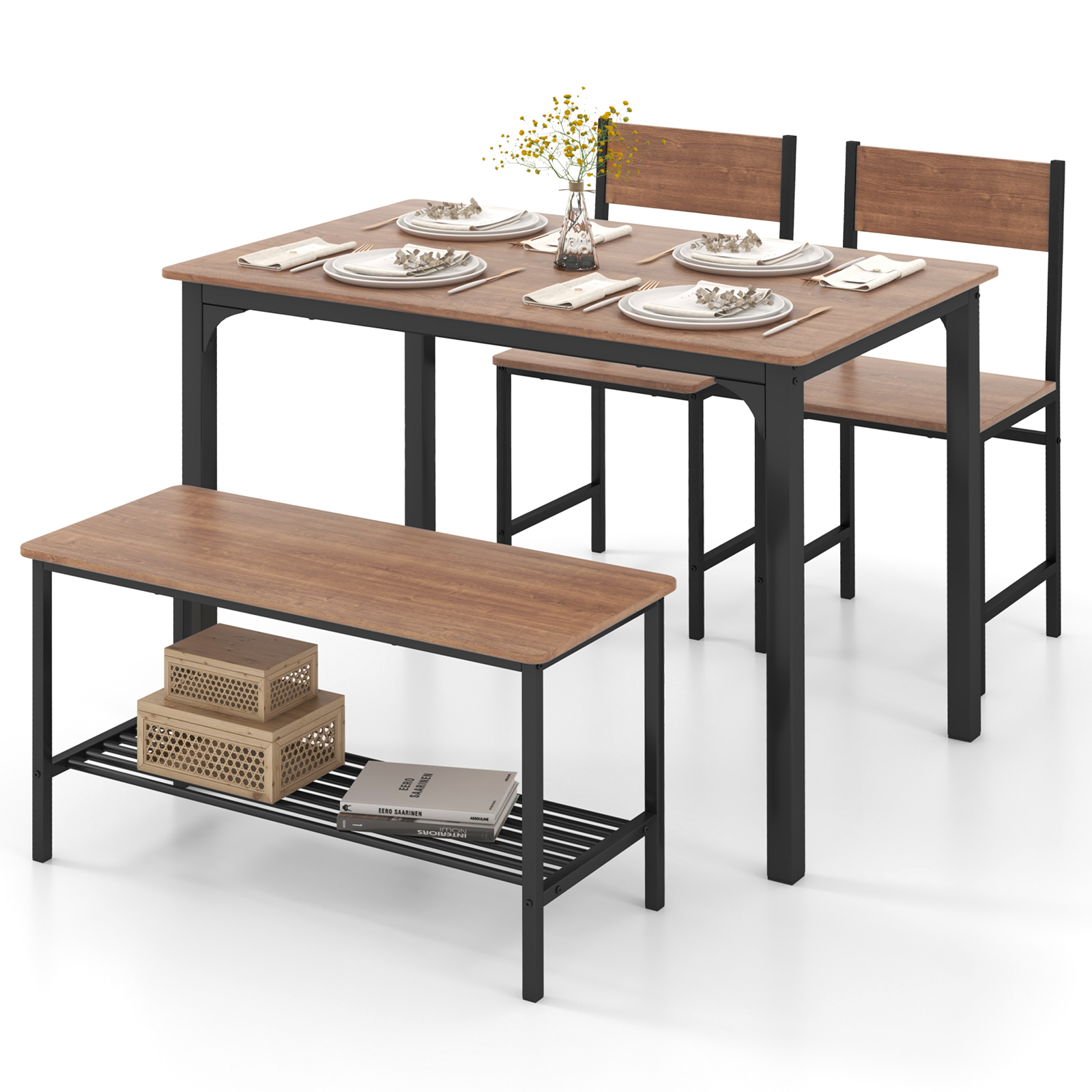 Rustic Dining Table Set With Bench And Chairs, Space Saving Industrial Furniture For Kitchen, Dining Room Rustic Dining Table Set With Bench And Chairs, Space Saving Industrial Furniture For Kitchen, Dining Room