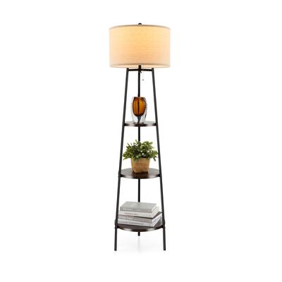 Modern Shelf Floor Lamp With Storage Shelves & Linen Lampshade, Space Saving 2 in 1 Design Modern Shelf Floor Lamp With Storage Shelves & Linen Lampshade, Space Saving 2 in 1 Design