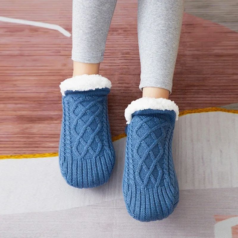 Thermal Mens Slipper Socks Winter Warm Short Cotton Fuzzy Soft Non Slip Grip Floor Sock For Cozy Home Comfort blue 35 39