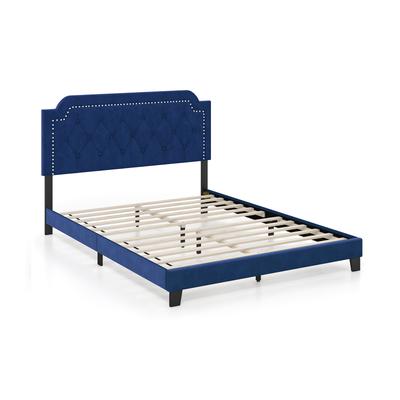 Elegant Queen Size Velvet Bed Frame With Button Tufted Nailhead Headboard, Upholstered Platform Bed With Storage Space Elegant Queen Size Velvet Bed Frame With Button Tufted Nailhead Headboard, Upholstered Platform Bed With Storage Space