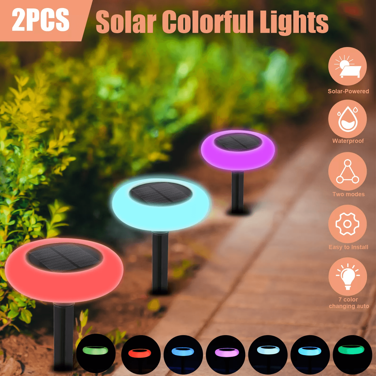 2Pcs Outdoor Solar Pathway Light, 7 Color Landscape Lamp For Yard, Waterproof LED Garden Lights For Christmas Decor 2Pcs Outdoor Solar Pathway Light, 7 Color Landscape Lamp For Yard, Waterproof LED Garden Lights For Christmas Decor