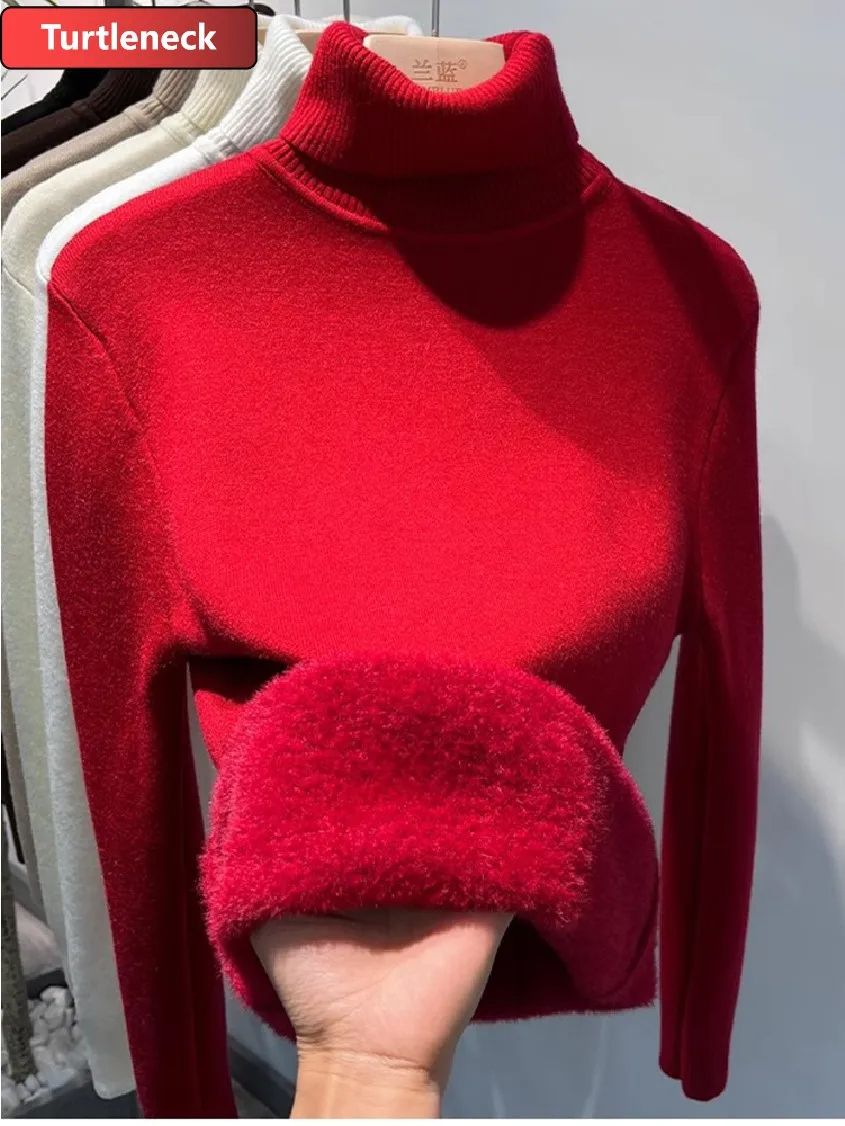 Turtleneck Winter Sweater For Women, Elegant Thickened Velvet Lined Knit Pullover, Slim Fit Knitted Jumper Top For Cold red s